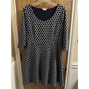 Boden Navy White Polka Dot Fit and Flare Lined Dress 3/4 Sleeve US 12R UK 16R